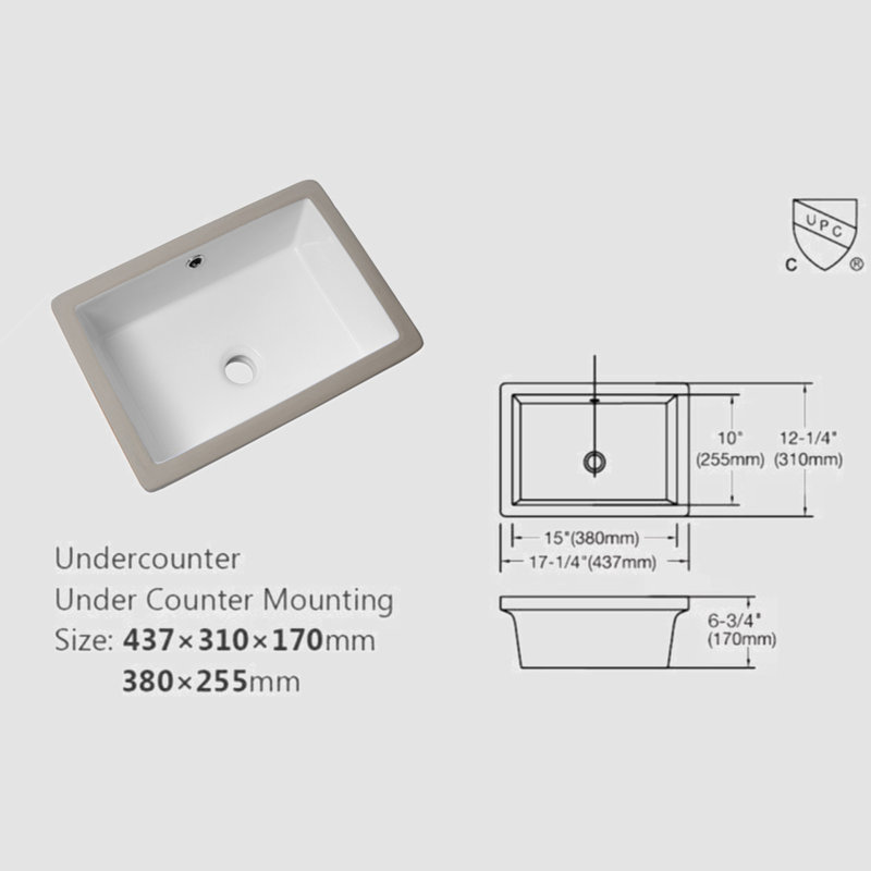 Lavabo de salle de bain rectangulaire en céramique avec trop-plein 12 "Go Peak Track