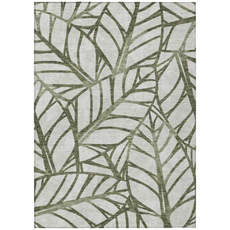 Tapis extérieur lavable floral vert olive et beige 10 pi x 14 pi