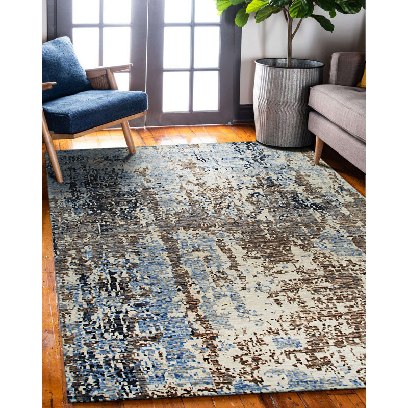 Laine grise faite à la main élégante B.G.E. Tapis contemporain noué à la main à motif abstrait