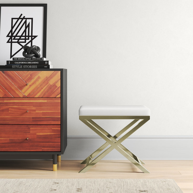 Tabouret d'appoint en bois massif Andriesse, Blanc, Or