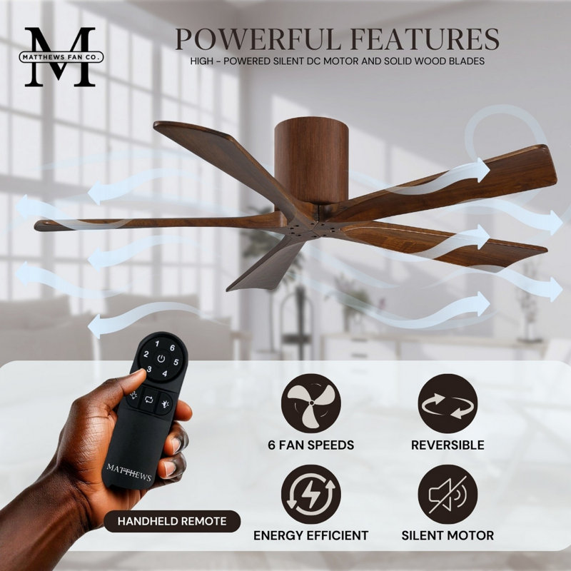 60" Irene 5-Blade Hugger Ceiling Fan with Wall Remote, Walnut, Walnut Tone, 60"