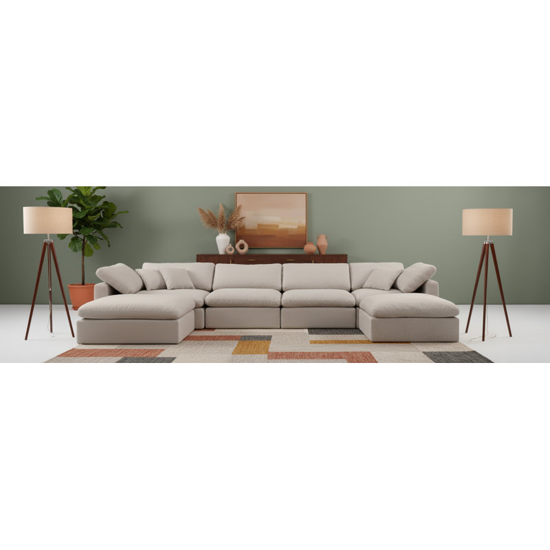Canapé modulaire en coin 6 pièces Hinami, Tissu beige texturé en lin