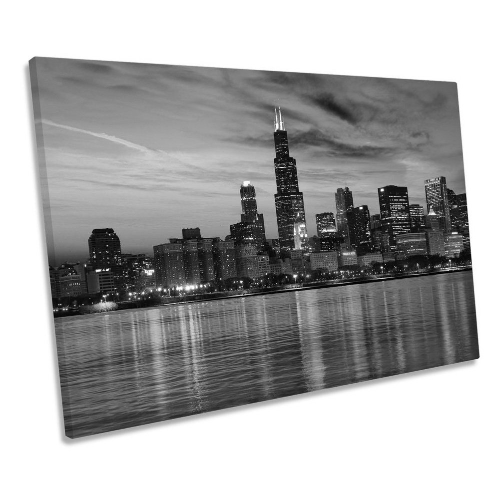 Chicago Skyline City Sunset B&W - Wrapped Canvas Print