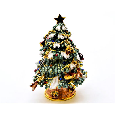 Boîte à bijoux en forme de sapin de Noël avec cadeaux suspendus. Décorée à la main de cristaux autrichiens.