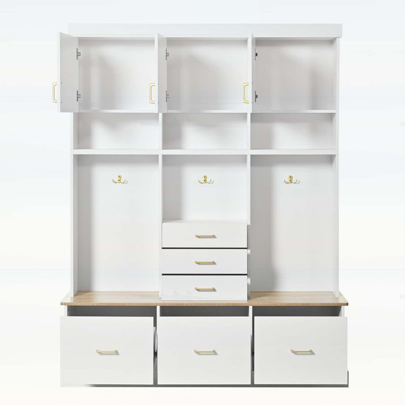 Hall Tree with Bench,Coat Rack,6 Drawers,3 Cabinets,for Hallway,Entryway,Living Room,Mudroom, White/Natural