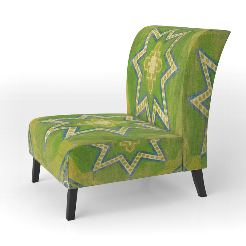Moroccan Orange Tiles Collage I - Velvet Bohemian Chic Upholstered Slipper Chair, Green/Lime Green