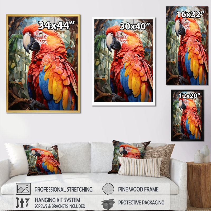 " Parrot Tropical Jungle Euphony I ", Black Picture Frame, 44" H x 34" W x 1.5" D