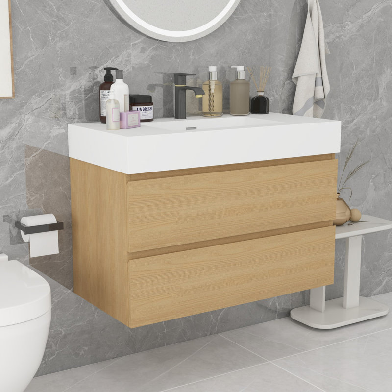 Grand meuble-lavabo mural avec rangement Modern, Blanc, Chêne