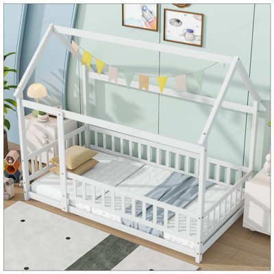Twin Size House Floor Wooden Bed with Roof Frame, Safety Guardrails, and Sturdy Construction for Kids' Rooms