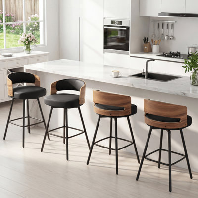 Windsor Mid-Century Swivel Bar Stools With PU Seat And Bentwood Back – Metal Frame