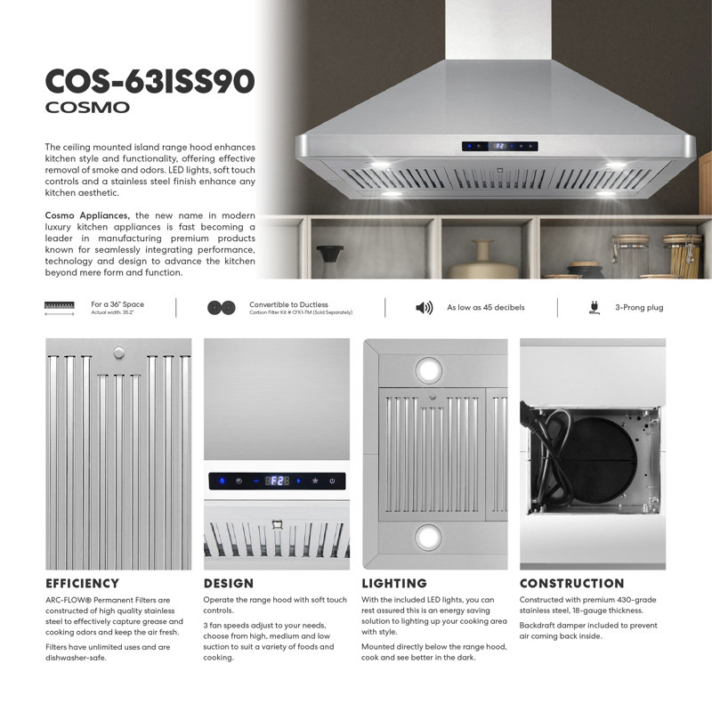 Cosmo 36 in. Lumin Collection Ducted Island Range Hood, Soft Touch Controls, Permanent Filters, LED Lights, Stainless Steel