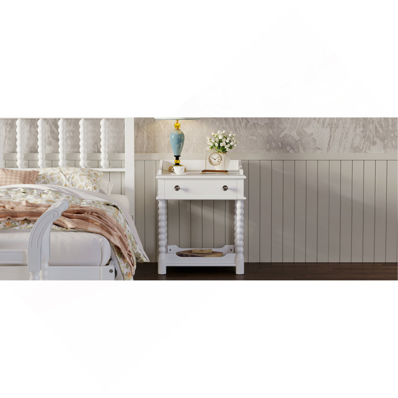 Table de chevet de style rétro avec tiroir et tablette ouverte pour chambre à coucher, table de chevet avec pieds tournés et poignée en métal