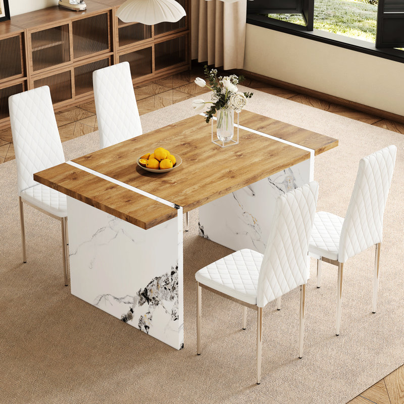 Table de salle à manger pour 4 personnes, table 55 po x 31,5 po, texture bois, chaises blanches, pieds en métal argenté, coussin respirant - patins
