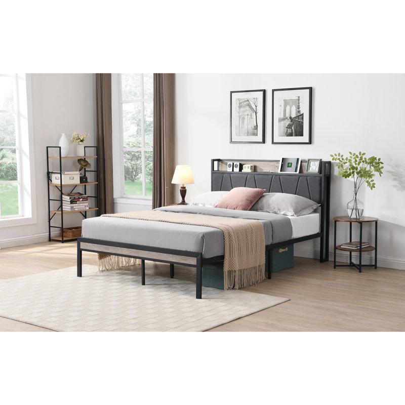 Structure de lit en métal avec tête de lit en tissu d'ameublement avec doublure USB et pied de lit