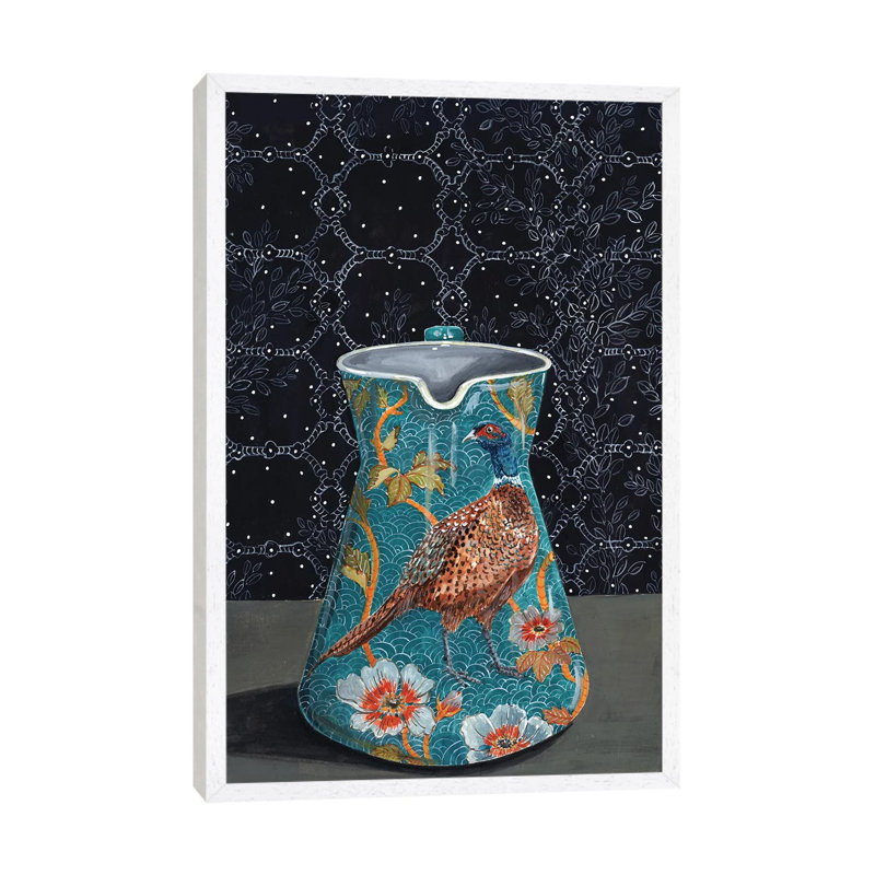 Turquoise Pitcher With Pheasant by Miri Eshet - Painting on Canvas, 66.04 cm H x 45.72 cm W, White Framed