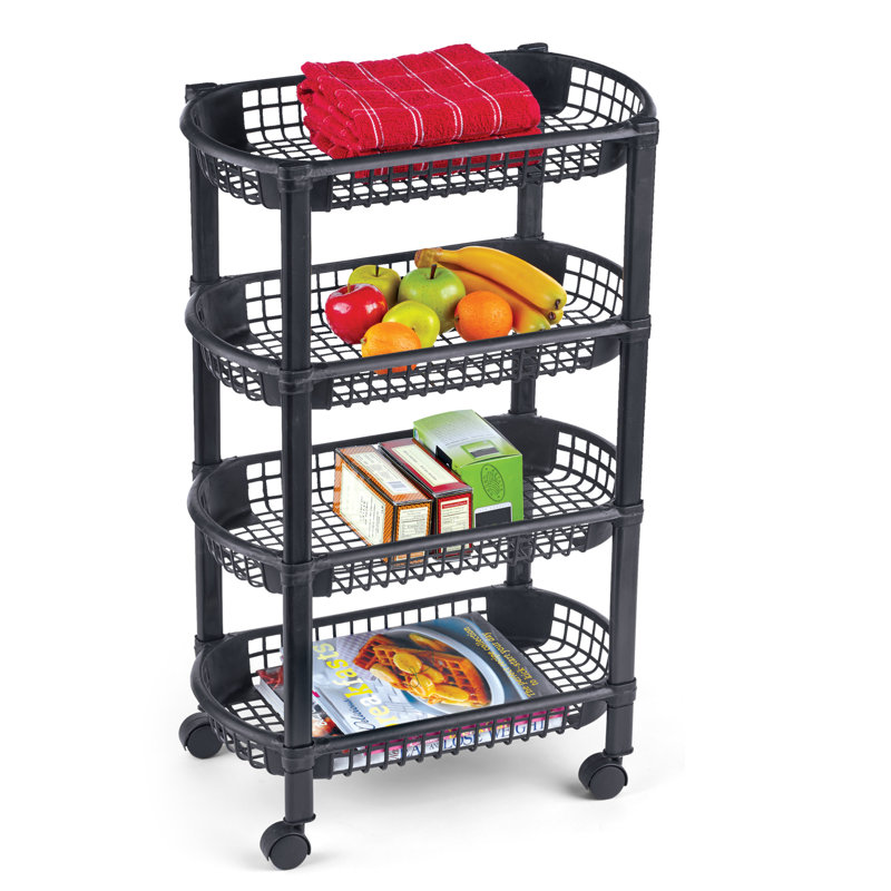 Black 4-Tier Rolling Utility Cart with Storage Baskets