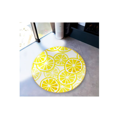 Tapis rond rond rond jaune à motif tissé détaillé lavable à la machine