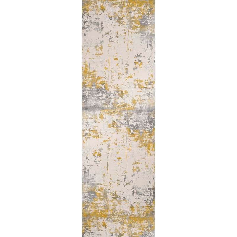 Tapis de couloir intérieur abstrait doré / gris 2 pi x 8 pi (2 pi 3 po x 8 pi) Sol Branch Branch Solenne, 2' x 8'