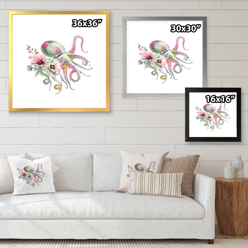 Pieuvre avec un bouquet de fleurs délicates - impression sur toile nautique et côtière, H 16 po x l 16 po x P 1 po