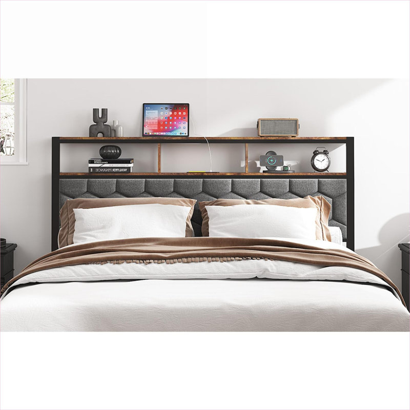 Structure de lit plateforme avec rangement et grand lit, bois en métal brun avec charge intégrée pour chambre à coucher résidentielle