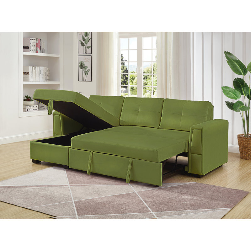 Blatnice 91" Wide Velvet Reversible Sleeper Sofa & Chaise with Storage, Green Velvet, Left Hand Facing/Right Hand Facing