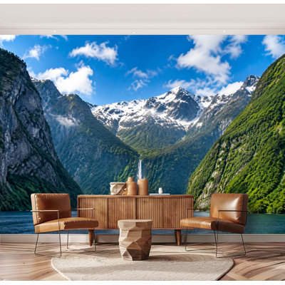 Wall Mural Peel and Stick Snow-Capped Mountains Waterfall Scenic Lake Under Blue Sky Large Wallpaper Self-Adhesive Removable Contact Paper Wall Decor for Living Room Bedroom Nursery 69"H x 96"W