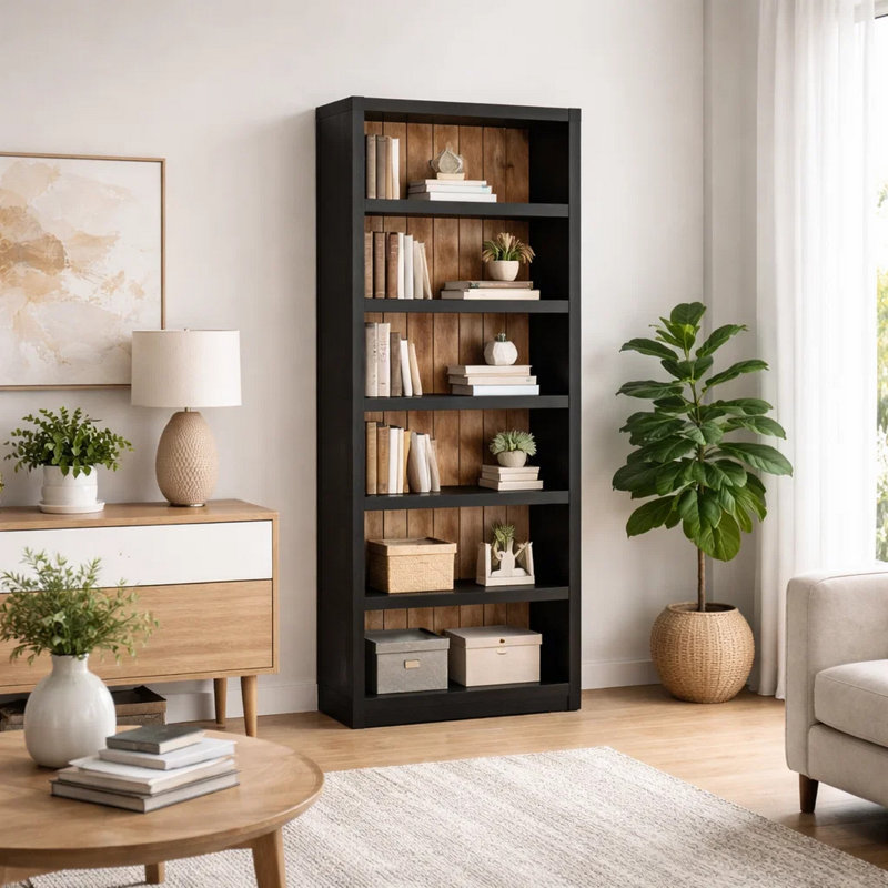 Fleur Classic Bookcase, 6 Shelves, Butcher Block Back, 75 Inch Black Brown