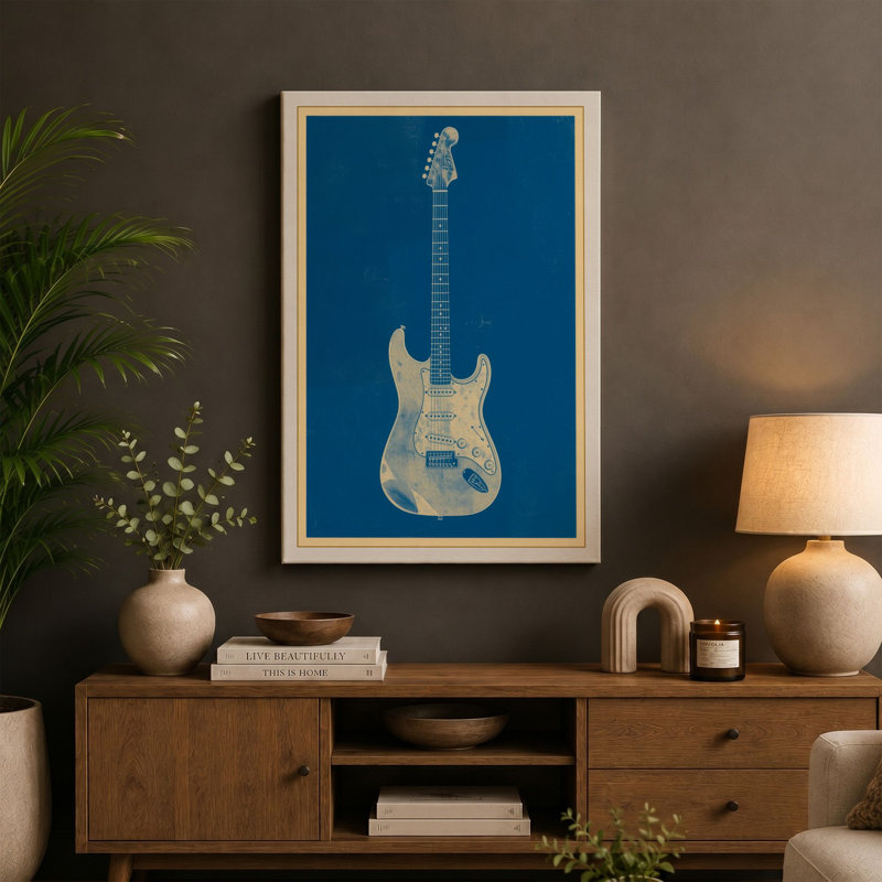Fender Stratocaster Minimalist 1 Piece Wrapped Canvas Wall Art, 30x20 - 76.2 x 50.8 cm, Cream Border