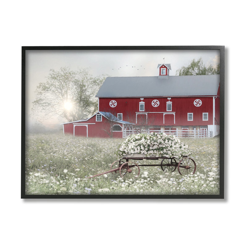 «Red Barn Floral Wagon Meadow» par Lori Deiter - cadre flottant, impression sur bois, L 20 po x H 16 po x P 1,5 po