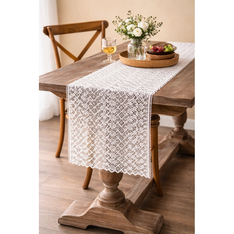 White Embroidered Geometric Floral Hollow Lace Table Runner 14" W X 71" L