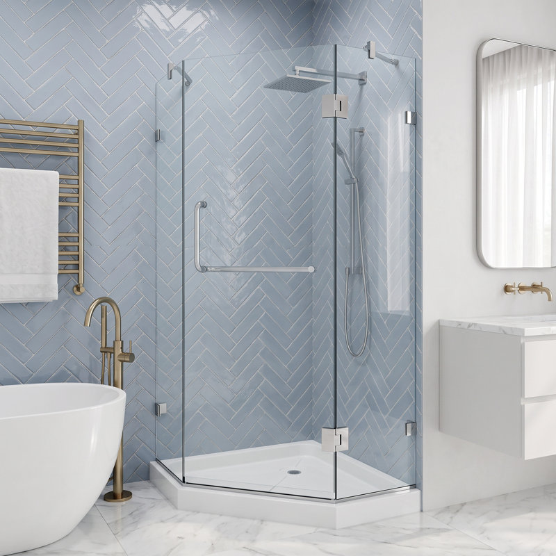 Cabine de douche à charnière sans cadre avec verre transparent 3/8 et base Piedmont l 38 po x P 38 po x H 77 po, Chrome