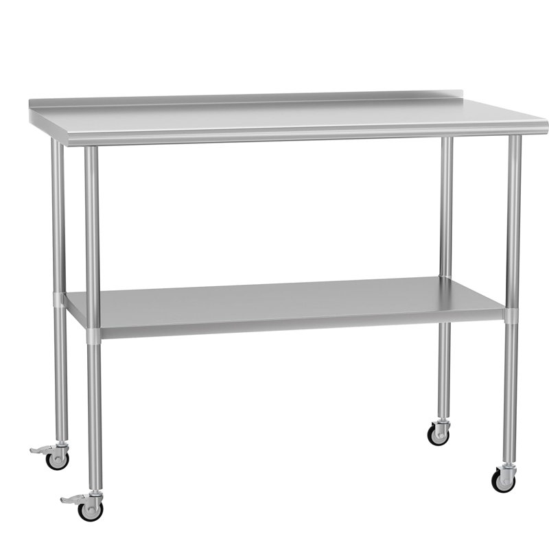 Table de travail robuste en acier inoxydable de 48 po x 24 po x 34 po avec roulettes pivotantes à 360 °, tablettes et dosseret réglables, idéale pour les cuisines commerciales, les patios, les garages et les bars 24 x 48