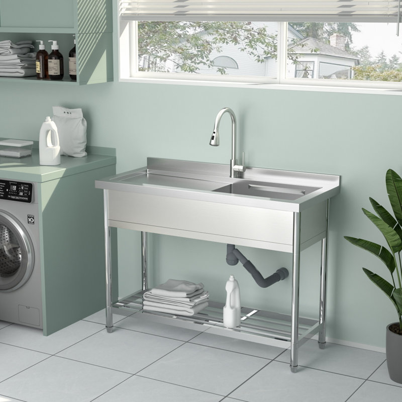 Évier de cuisine commercial 47 po à cuve simple sur pied en acier inoxydable avec tablette ouverte et robinet de cuisine