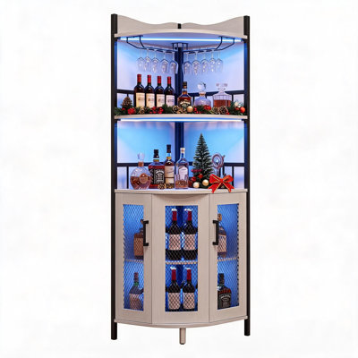 Corner Bar Cabinet, 5Tier Wine Cabinet, 64" Tall Liquor Cabinet with Wine Rack & Glass Holder, Floor‑Standing Corner Wine Cabinet for Living Room Small Space Home