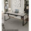 Bureau en bois massif et cuir de selle blanc-110429888