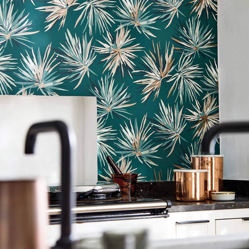Aucuba Floral Metallic Wallpaper Roll, Forest/Copper