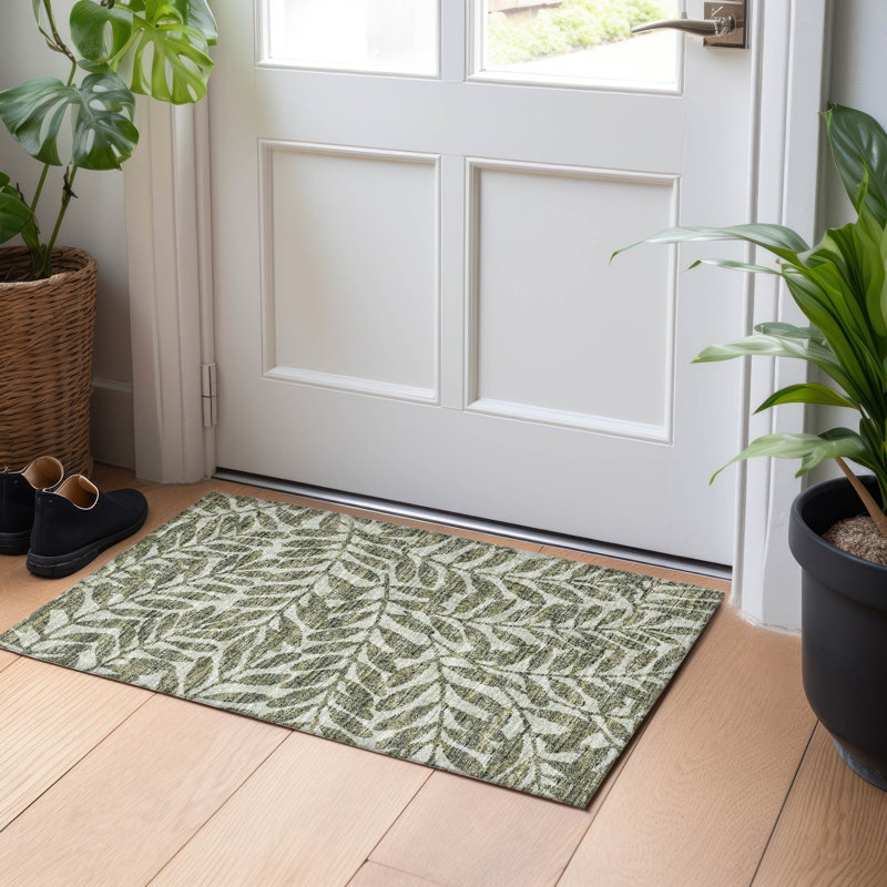 Premium Machine Washable Harsukhman AMF111 Green Rug, Rectangle 1'8" x 2'6"