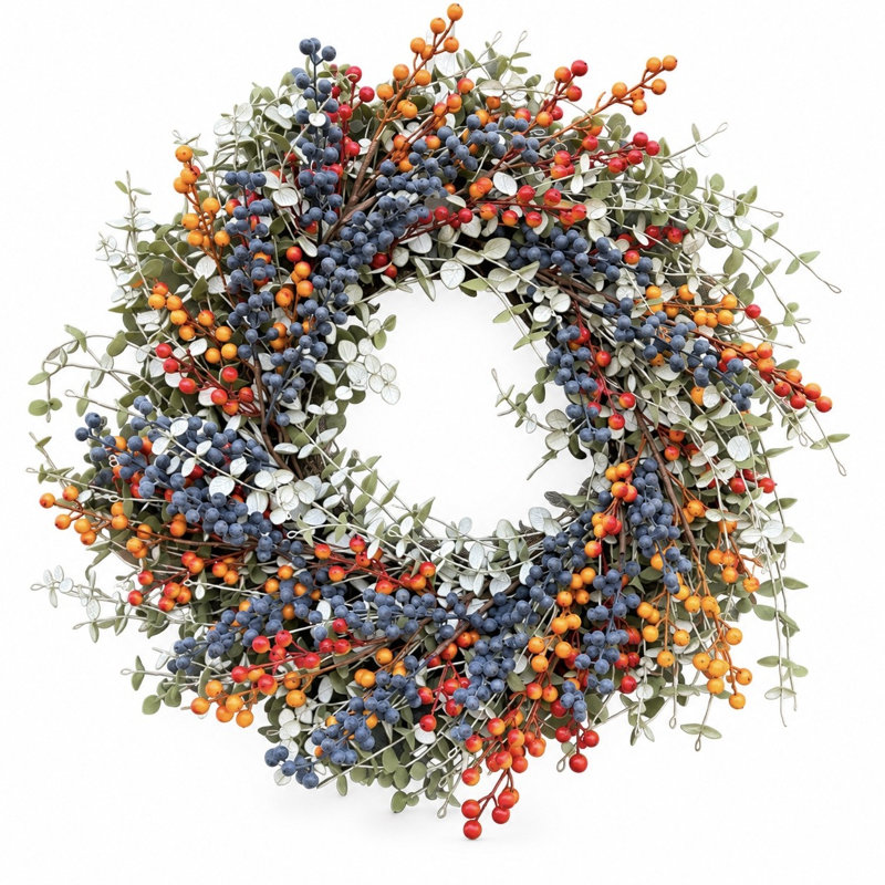 Couronne de porte d'entrée automnale artificielle de 61 cm (24 po) avec baies mélangées et mini-feuilles d'eucalyptus, décoration murale pour la fête de Thanksgiving.