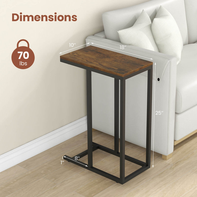 C-shaped Side Table Industrial Sofa Table With Heavy-duty Metal Frame, Brown