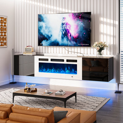 Meuble télé flottant pour téléviseur de 80 po ou moins de 90 po, console multimédia murale avec lumières DEL
