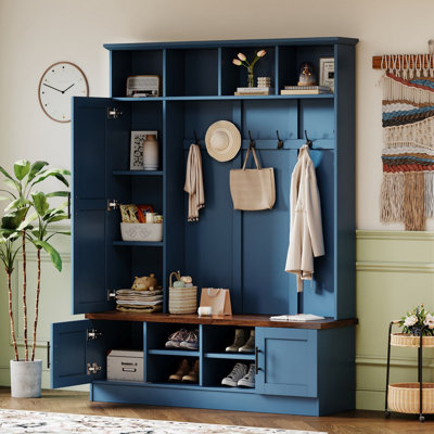 55"W Hall Tree with Storage Bench & 6 Hooks, Adjustable Shelves, Farmhouse Walnut, Coat Rack for Entryway & Mudroom
