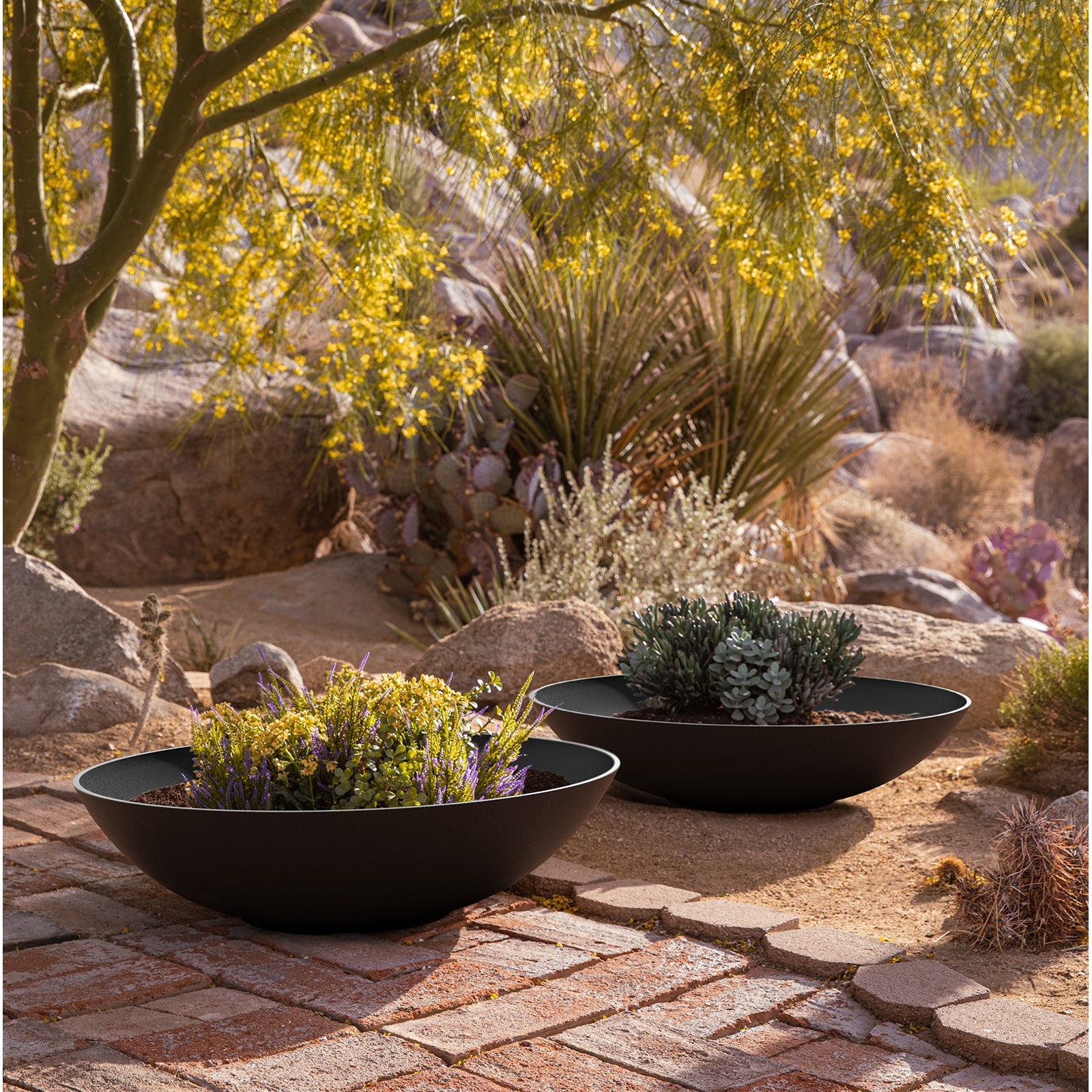 Pure Series Lane Weather Resistant Bowl Planter, Black, 8" H x 32" W x 32" D, Set of 2