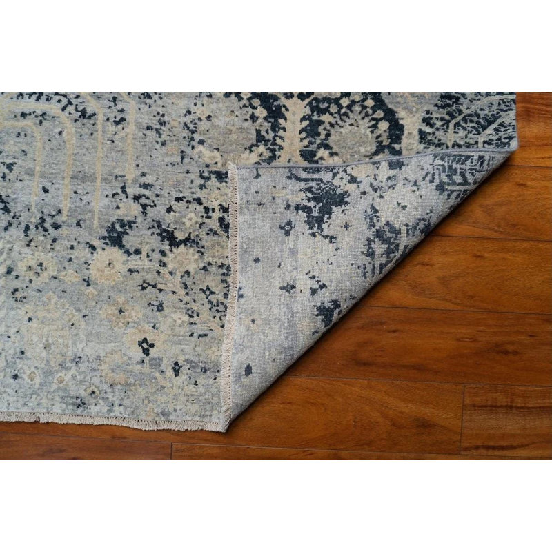 Tapis en laine noué à la main 8 pi x 9 pi 11 po | Tapis de jardin architectural moderne | Tapis transitionnel gris marine | Grand tapis de style fin