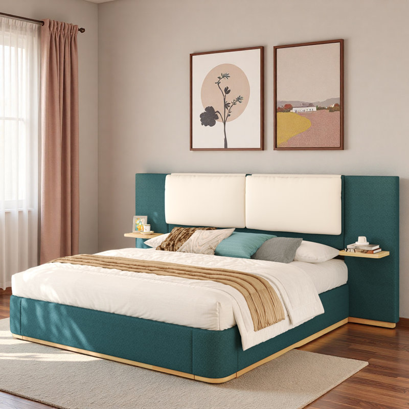 Lit plateforme tapissier avec tablettes, Très grand lit, Vert