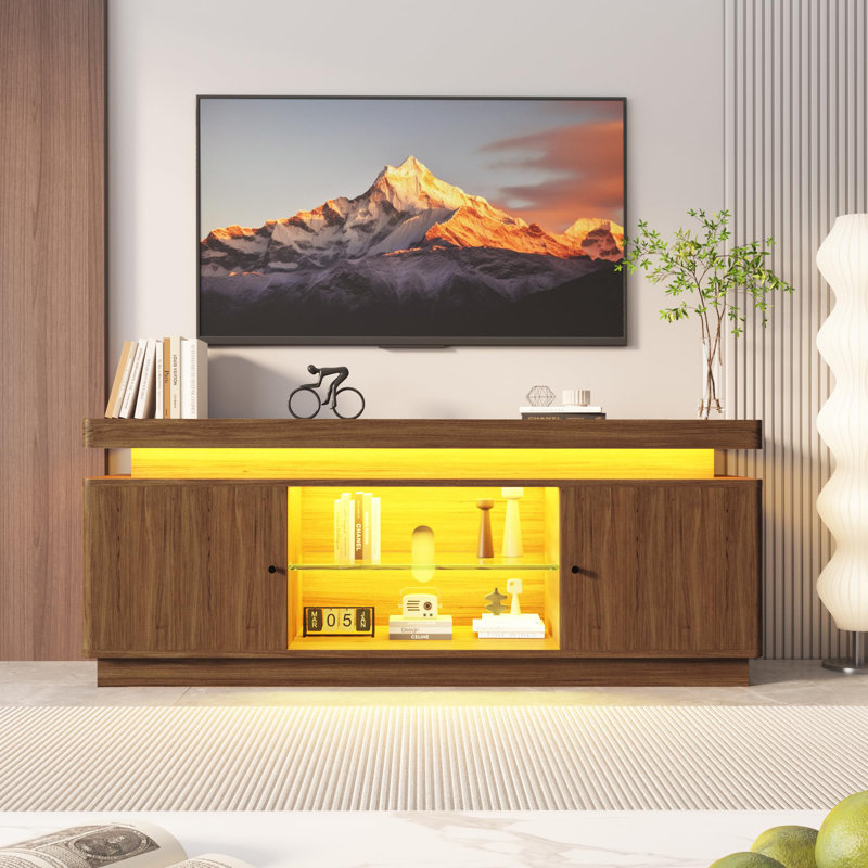 Meuble télé Meuble télé avec armoires de rangement, lumières DEL, tablettes ouvertes et prises de courant, console média pour téléviseur jusqu'à 75 po
