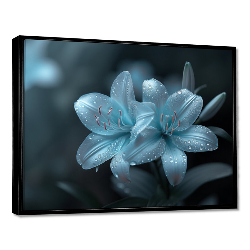 Décoration murale moderne lys monochromes bleu clair, Cadre flottant noir, H 30 po x l 40 po