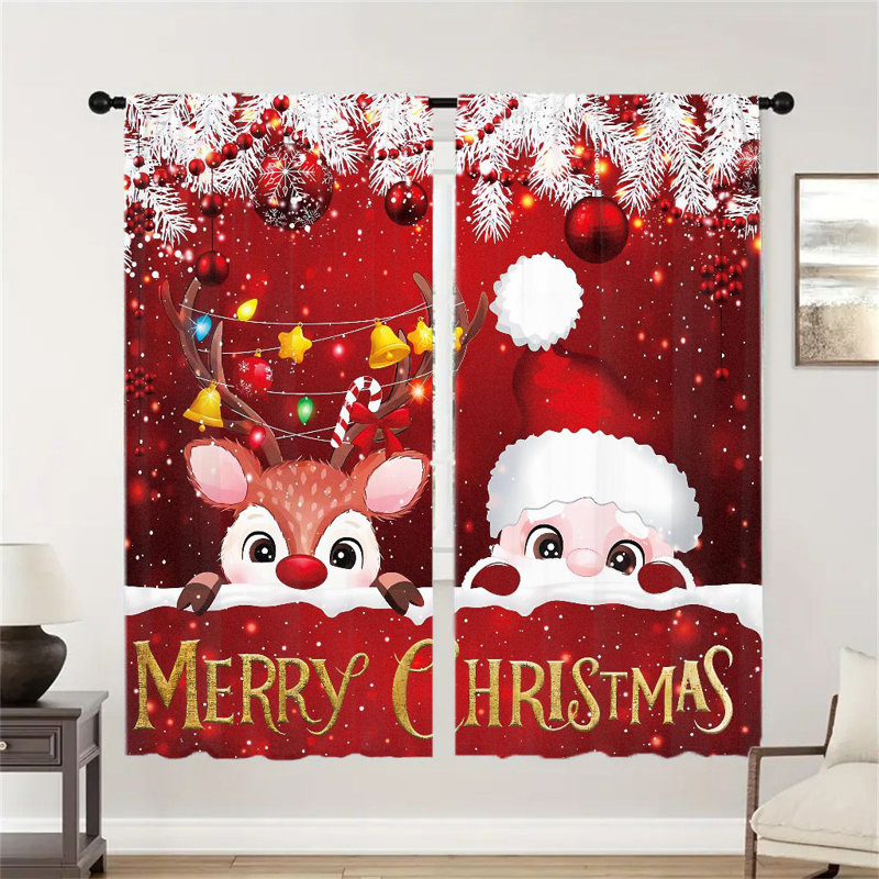 2Pcs Christmas Santa Claus Reindeer Curtains - Festive Holiday Window Drapes with Merry Text Rod Pocket Design for Living Room Bedroom Kitchen Light Filtering Polyester Home Decor