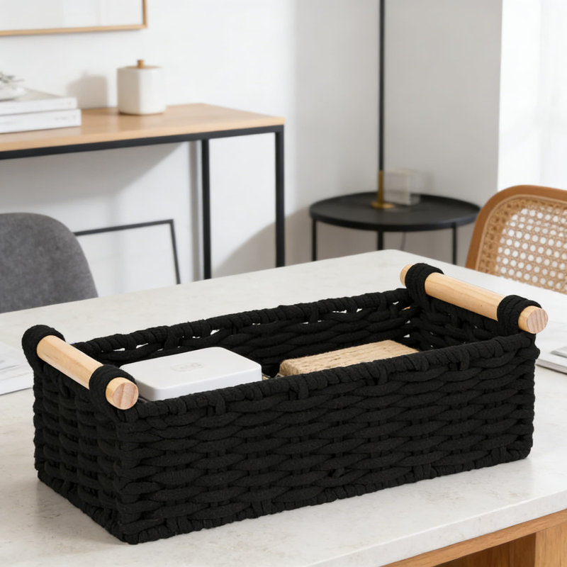 Ensemble de paniers de rangement en corde de coton avec poignées en bois Boho, Noir