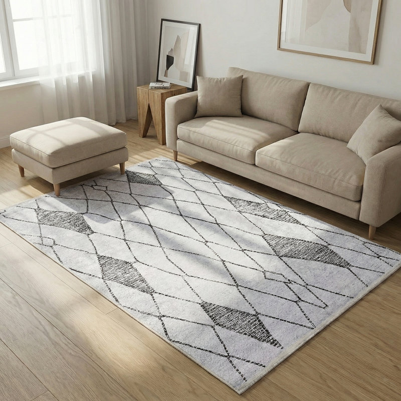 Tapis à motif géométrique marocain à motif géométrique blanc et gris Marlborough, Rectangle 2 pi 8 po x 5 pi