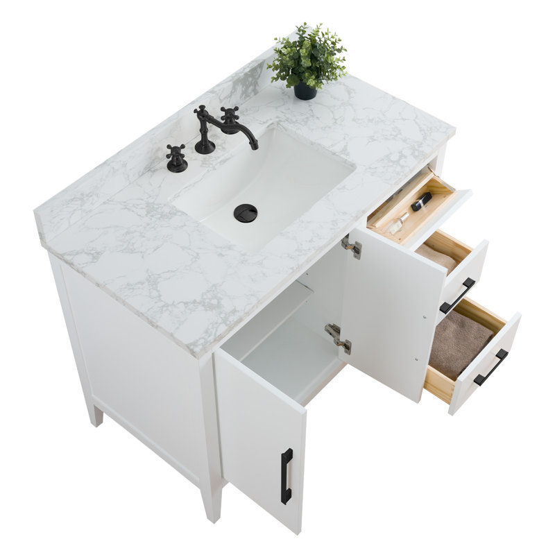 Chambery 42" Single Sink Bathroom Vanity with Engineered Marble Top, Matte Black, White